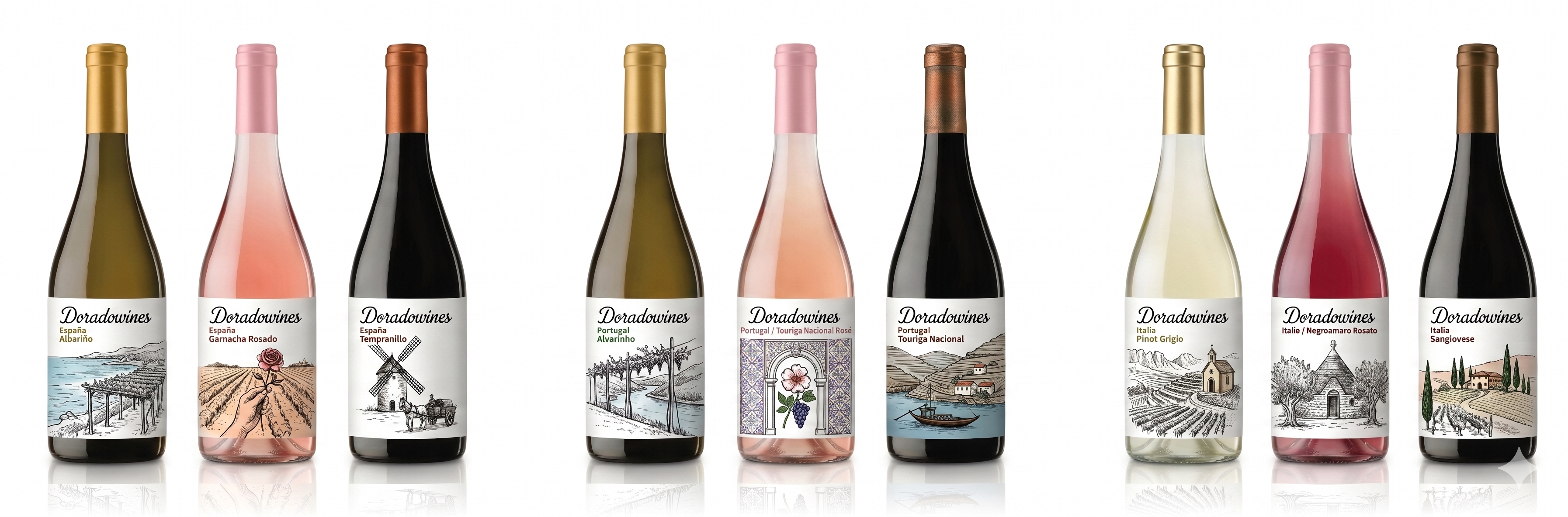 Dorado Wines product range — nine bottles